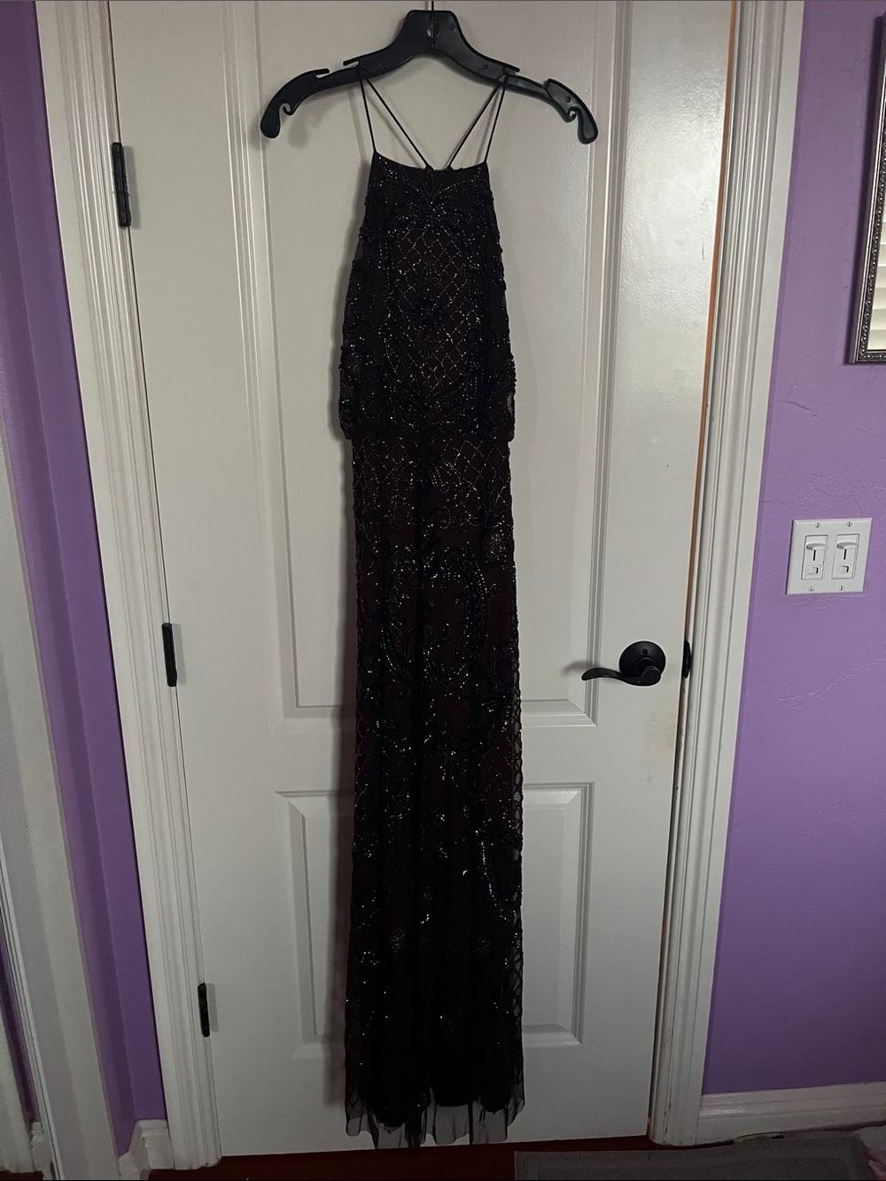 Adrianna Papell Beaded Spaghetti-Strap Evening Gown in Deep Eggplant Size 4